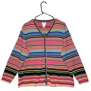 Y2K Liz Baker Women Knit Cardigan Sweater 1X Button Up Striped Colorful Cottage